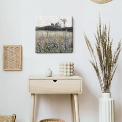 Vintage Farmhouse Canvas Print – Rustic Flower Field Landscape Art 14×14″