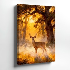 Wall Art Deer in Forest Golden Light Rustic Wildlife Landscape Painting Decor