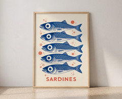 Vintage Sardines Linocut Wall Art Retro Kitchen Decor Fish Print Poster