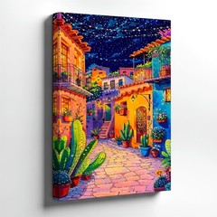 Wall Art Colorful Mediterranean Village Street Night Sky Cactus Canvas Print