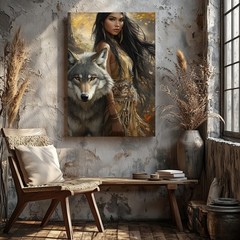 Native American Woman And Wolf Canvas Wall Art Autumn Forest Tribal Decor Print