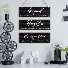 Wooden Home Office Decor Wall Art Success Quote, Grind Hustle Execution Motiv…