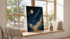 Vintage Full Moon Ocean Poster Celestial Starry Night Sky Sea Landscape Wall Art