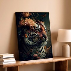 Wall Art Tiger Portrait with Flowers Butterflies Dark Botanical Wildlife Print