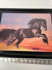 Black Horse Galloping At Sunset Black Framed 3D Image