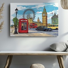 London City Canvas Wall Art Big Ben Red Bus Telephone Booth Vintage Print Decor