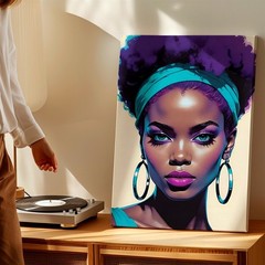 Wall Art African American Woman Portrait Canvas Print Purple Afro Modern Decor