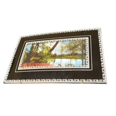 Vtg 40s Landscape Picture Art Print Tulips Lake Trees Black Frame Greek Border