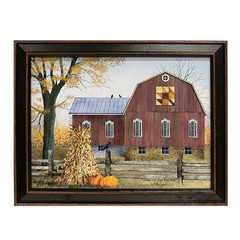 NEW PRIMITIVE PRINT AUTUMN LEAF QUILT BLOCK BARN Framed 14.5″T x 18.5″W FALL