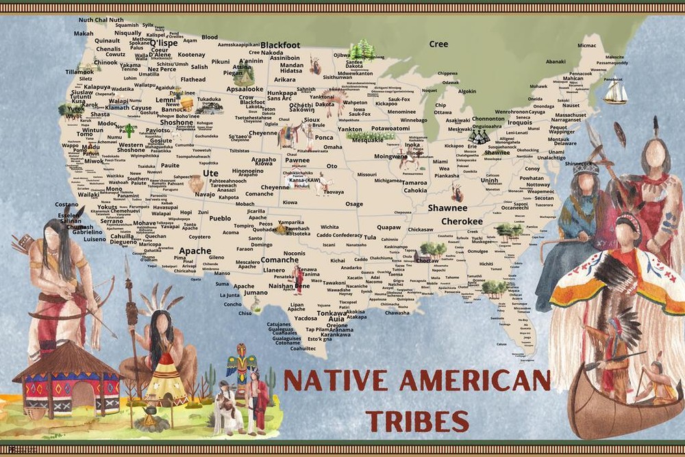 Native American Tribe State Icons Map Indigenous People Art Print Poster 18×12