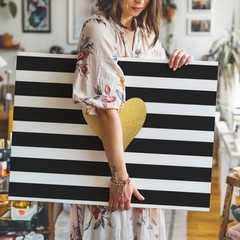 Gold Heart Canvas Wall Art with Black White Stripes Modern Minimalist Decor