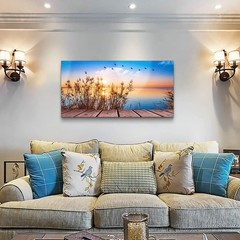Canvas Prints Art Ocean Beach Grass Poster Landscape Painting,DIY Framed 24″x48″