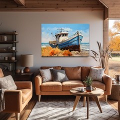 Old Fishing Boat Coastal Painting Print on Framed Canvas, Nautical Coastal Decor
