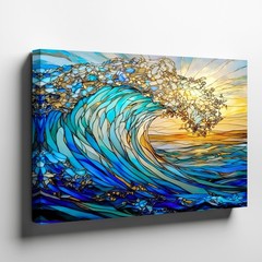 Ocean wave stained glass style canvas wall art coastal sea landscape decor print
