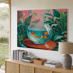 Goldfish in Glass Bowl Tabletop Tropical Plants Canvas Wall Art Print Decor