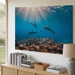 Vibrant Underwater Scene Featuring Playful Dolphins Swimming Gracefully Wall Art