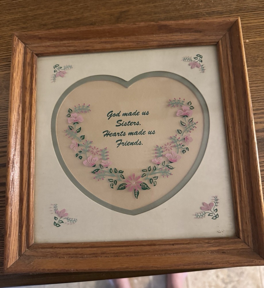 vintage framed wall art with a floral heart design with Sister quote