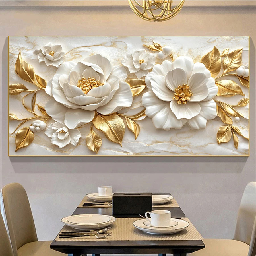 White Flower Golden Tree Wall Art Floral Canvas Poster Canvas Painting Print Art