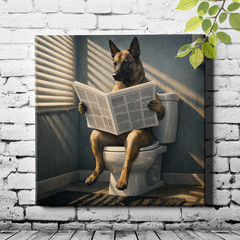 Surreal dog bathroom scene Wall Art reading newspaper on toilet interior