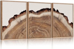 HPINUB Framed Tree Rings Wood Wall Art Set, Modern Beige Wood Stump Wall Deco…