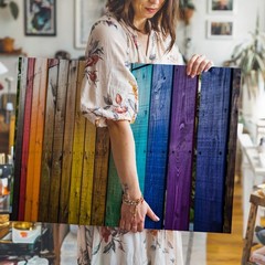 Create A Vibrant Vertical Composition Featuring An Array Of Wooden Wall Art