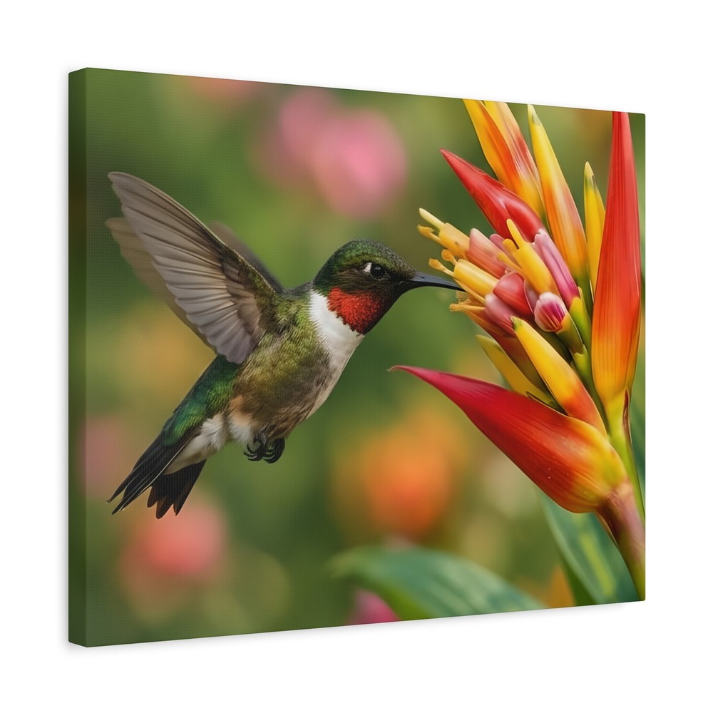 Ruby-Throated Hummingbird Canvas | Stretched Matte Wall Art | 20″ x 16″ | Gift