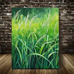 Vibrant Green Mint Grass Meadow Painting Metal Print Ready to Hang