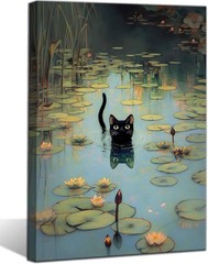Water Lily Black Cat Canvas, 16 x 24” Wall Art, Wall Decor, Ready to Hang, NEW