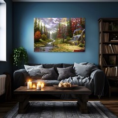 Vintage Rustic Cabin Fly Fishing Autumn Forest Painting Canvas Wall Art Print