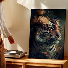 Wall Art Tiger Portrait with Flowers Butterflies Dark Botanical Wildlife Print