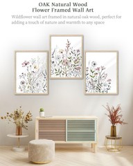 Natural OAK Wood Framed Combined Floral Wall Art, 12×16 in Set of 3 Colorful …