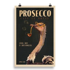 Funny Ostrich Smoking Pipe Prosecco Poster Vintage Art Deco Bar Kitchen Wall Art