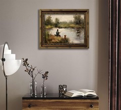 Vintage Gold Framed Boy Fishing Oil Painting Print 12x16in Farmhouse Art