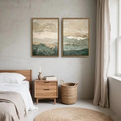 Framed 2Pcs Green Abstract Wall Art with Wood Frame Rustic Landscape Canvas P…