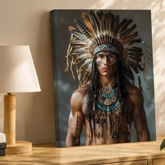 Native American Warrior Feather Headdress Tribal Necklace Canvas Wall Art Print