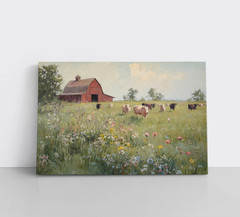 Red Barn Cattle Field Farm Cows Painting Print, Framed Canvas Wall Art Farmhouse