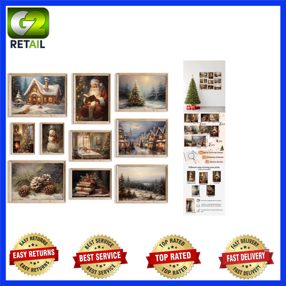 Elevate Your Decor with 10 Vintage Christmas Prints – Unframed Canvas Art
