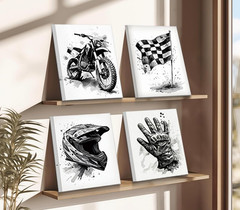 Framed Motocross Wall Art, 4 Set 8X10 Inch Black and White Motorsport Dirt Bike