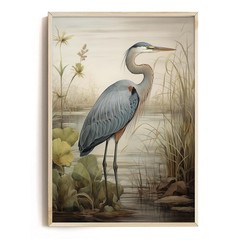 Egret Canvas Wall Art Blue Heron Picture 16″L x 24″W, Heron-Unframed