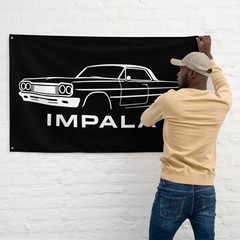 Impala Wall Banner Flag – Black with White Car & Impala Logo – Garage Decor