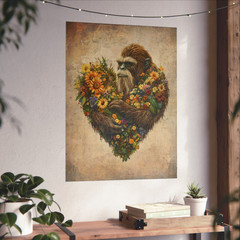 Vintage BIGFOOT HEART Wall Art, SASQUATCH Botanical Decor, Cryptid Flower Poster