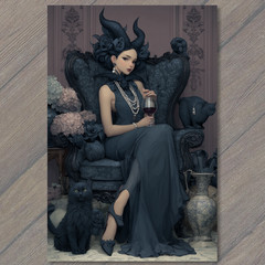 Art Print Woman Horns Dark Dress Black Cats Gothic Lounge Wine Pearls Moody