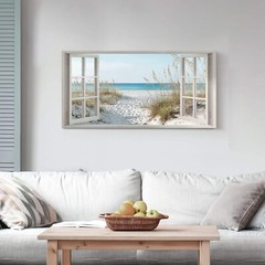 Window Beach Framed Wall Art Canvas Large Tropical Coastal Sea Landscape 48″x24″