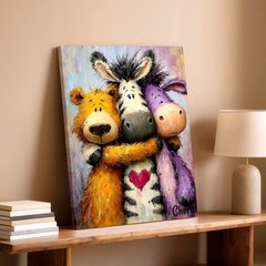 Wall Art Cute Animal Friends Painting Zebra Bear Donkey Hugging Canvas Print