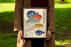 Vintage Japanese Pufferfish Art Poster Woodblock Style Ocean Fish Wall Art