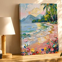 Wall Art Tropical Beach Seascape Palm Trees Ocean Waves Floral Oil Painting