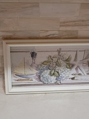 White Framed Coastal Boat Starfish Hydrangeas Print Size 19.5 x 8.5 Made In USA