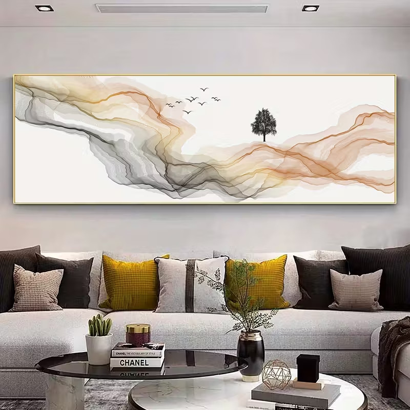 Panoramic Minimalist Beige, Brown, Black Canvas Wall Art Home Decor