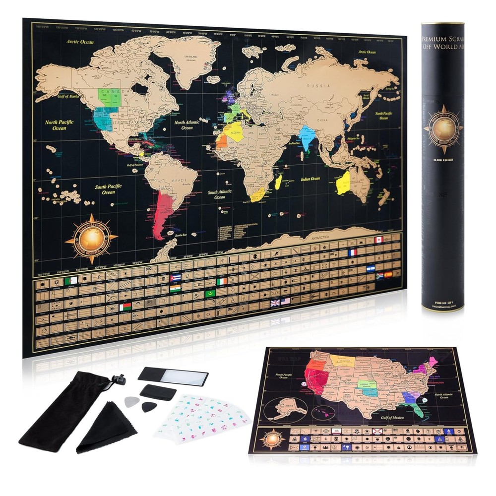 Scratch Off World Map Poster and Detailed United States Map – Deluxe Travel T…