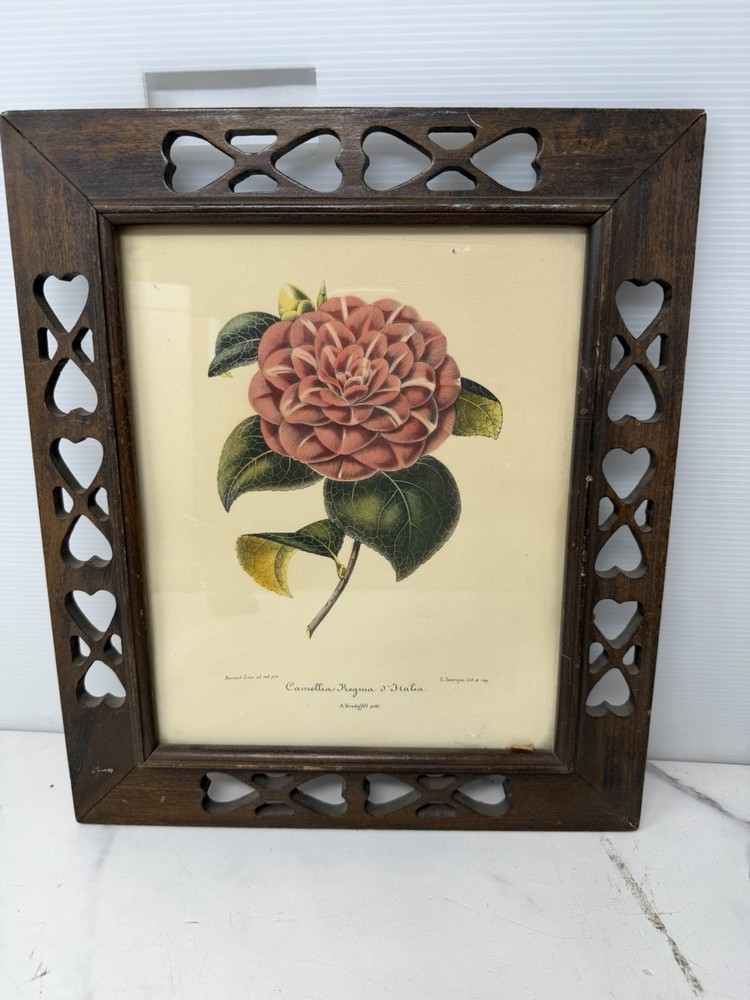 Heart Cutout Wood Frame Camellia Botanical Print Folk Art Wall Decor